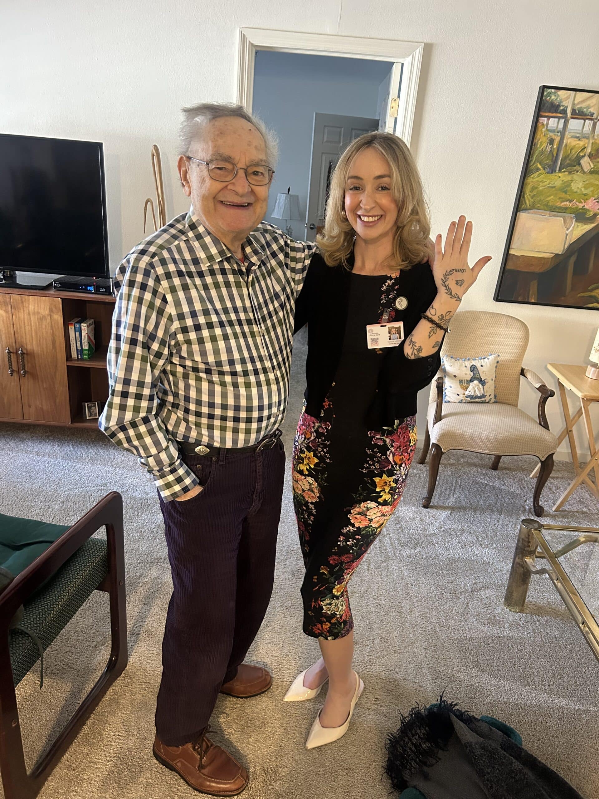 Caregiver providing many years of continuous private home care to loyal client, preserving familiarity, identity, and emotional stability through aging in place—contrasting institutional care.