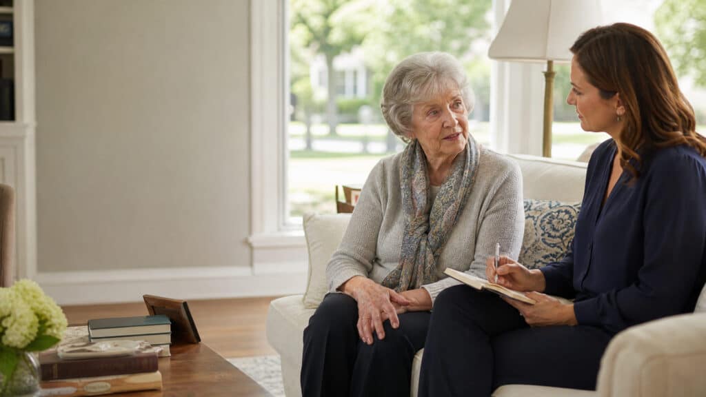 Home-care specialist listening to an older adult and discussing personalized care in her Highland Park, Illinois home.