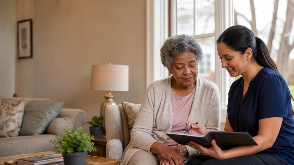 Home care specialist providing personalized support to an older adult in her Lincolnwood, Illinois home.