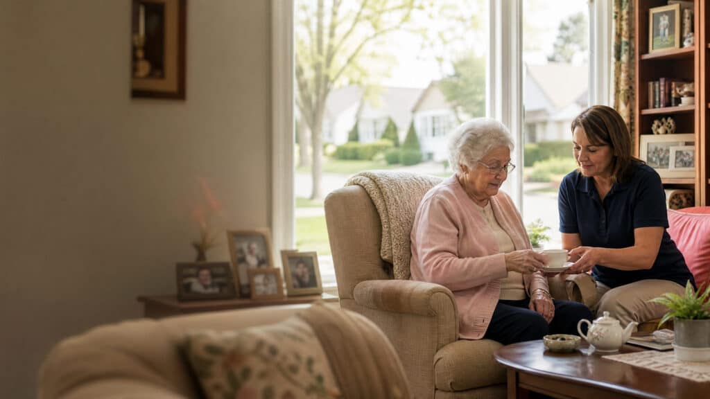 Home-care specialist helping an older adult enjoy tea in her long-time Morton Grove, Illinois home.