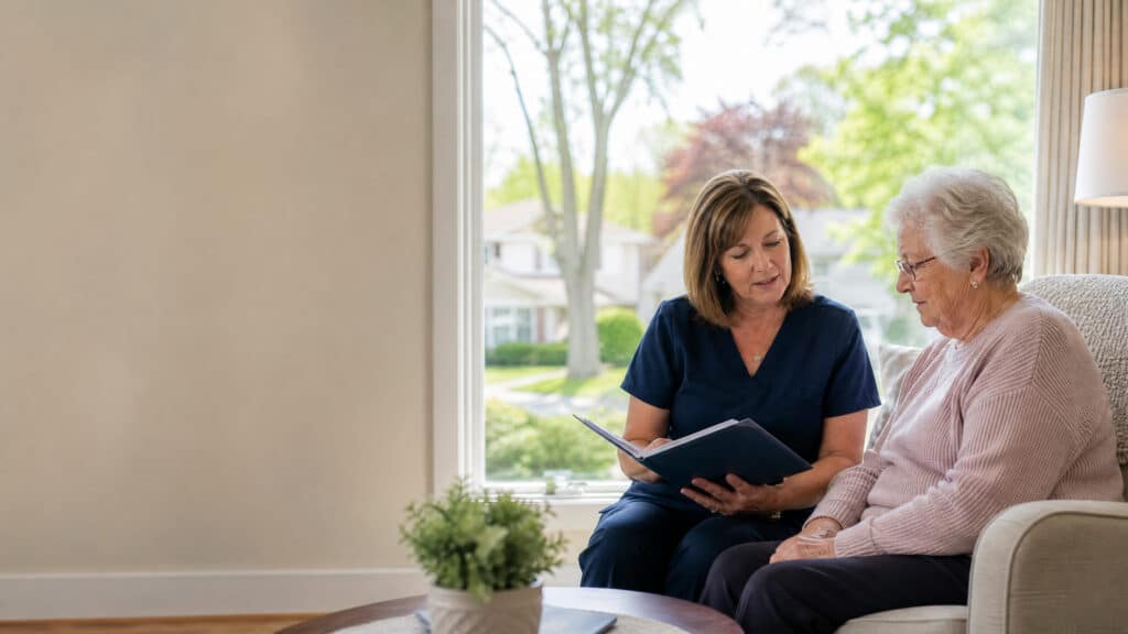 Suggested alt text: Local home-care specialist reviewing a personalized care plan with an older adult in her Niles, Illinois home.