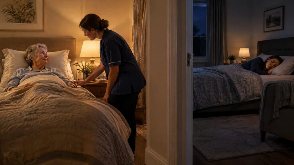 Awake caregiver helps an older adult at night while another caregiver sleeps in a nearby bedroom, illustrating the difference between 24-hour and live-in care.