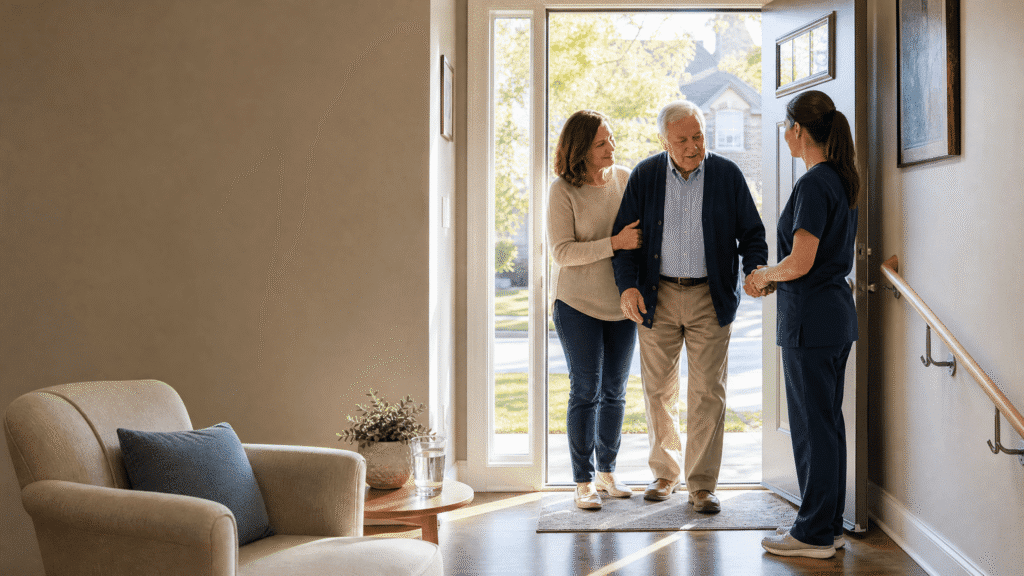 Senior patient coming home from hospital with his wife, met by an in-home care specialist ready to assist with post-surgery recovery and daily living support.