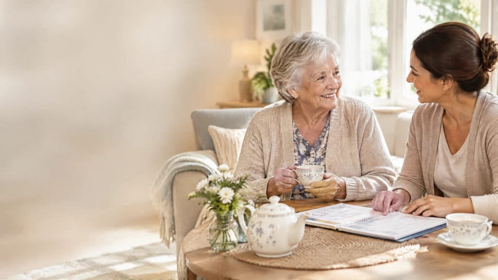 Caregiver talks with an older woman at home over tea