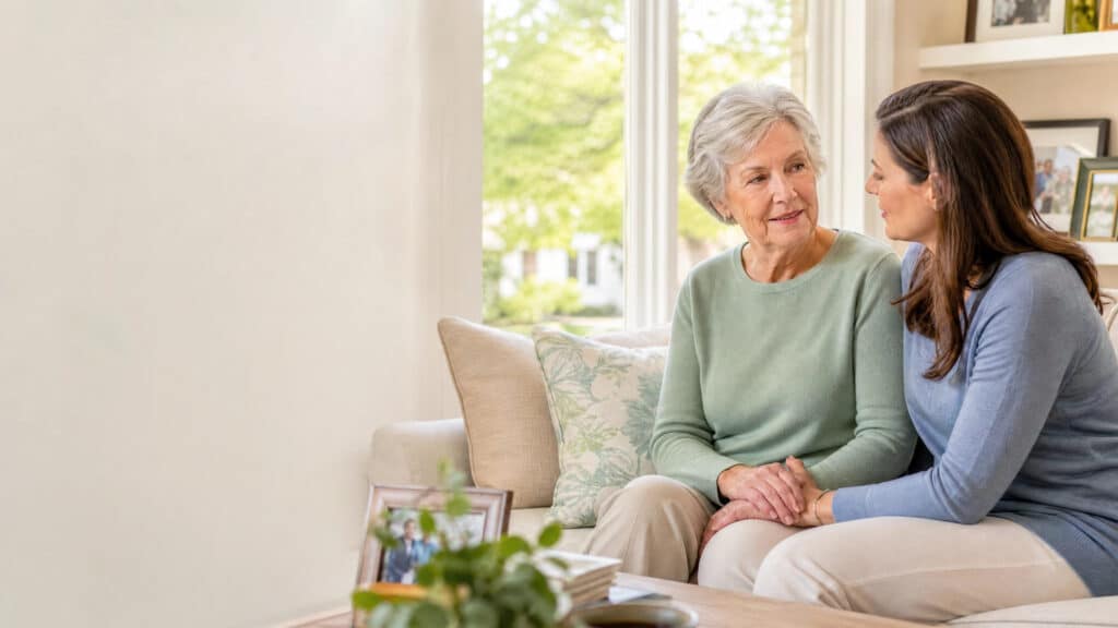 Compassionate caregiver and an elderly couple sitting together in a sunlit living room, offering support and companionship for families navigating dementia care decisions.