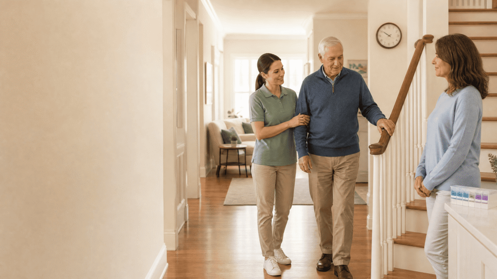 In-home caregiver assisting a senior with Parkinson's disease inside their home, offering mobility support and personalized care.