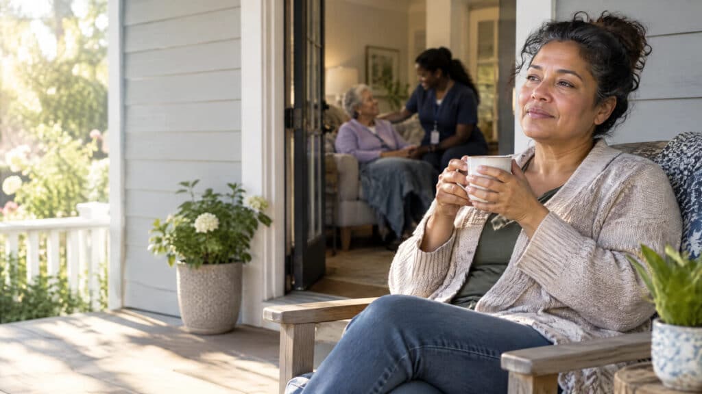 Family member relaxes with a cup of tea on a porch while a professional caregiver supports an older adult inside the home.
