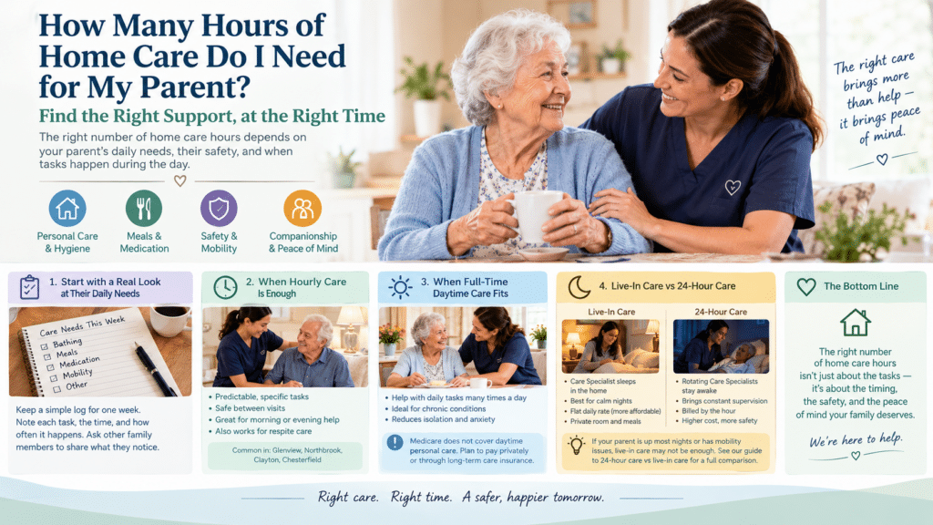 Senior woman talking with a home care specialist while exploring home care options, including hourly, full-time, live-in, and 24-hour care.